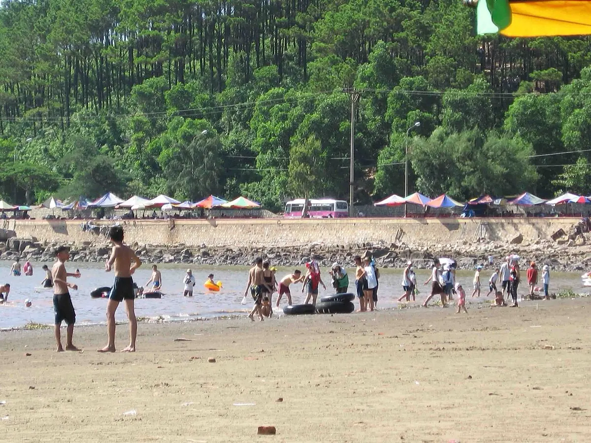 Du khách tắm biển ở bãi biển Đồ Sơn, phía sau là đồi thông