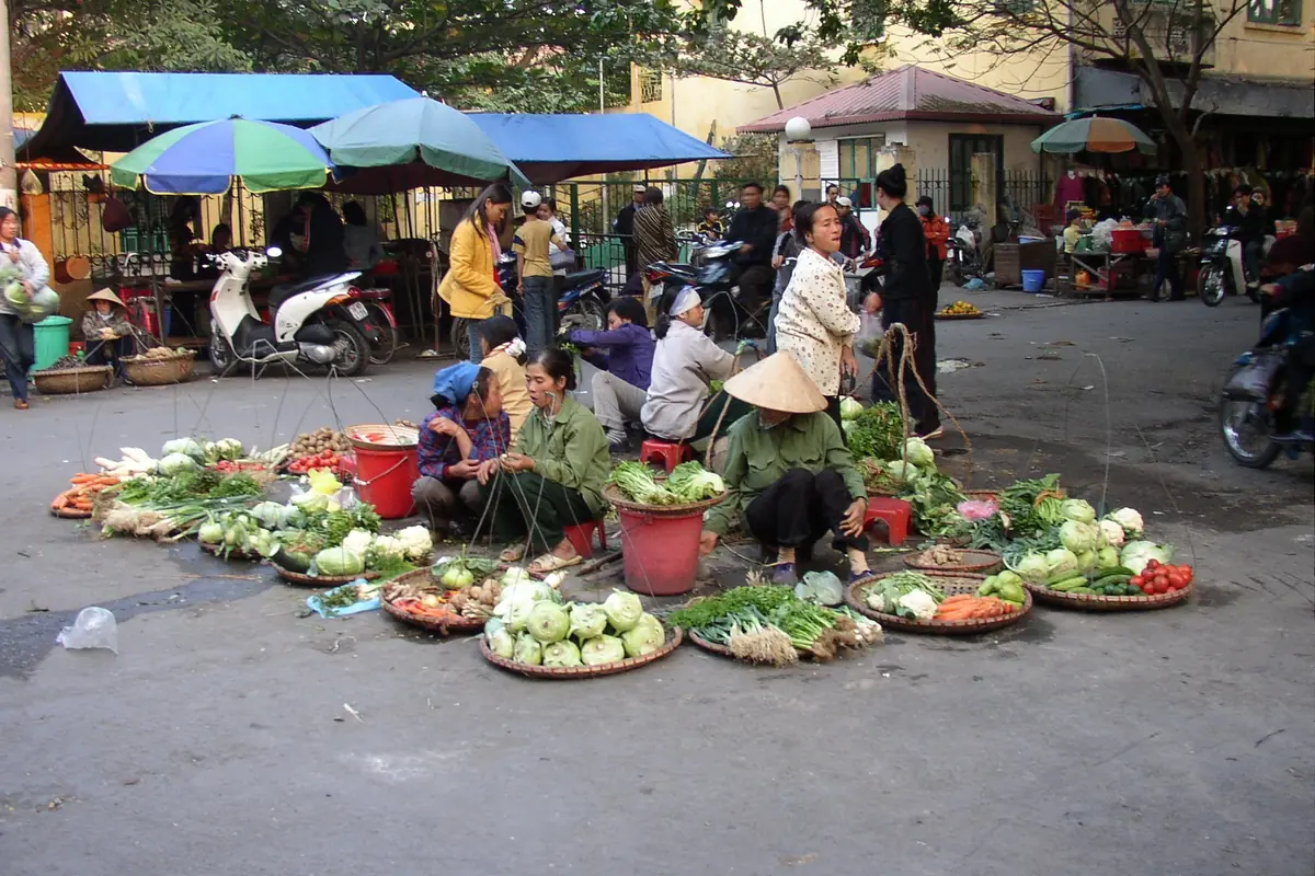Người bán rau bày mẹt hàng ở một ngã ba trong phố Hải Phòng