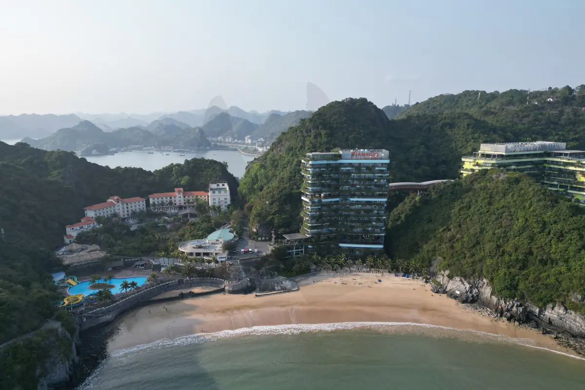 Cat Co 1 beach in a limestone cove next to Cat Ba town, seen from above, April 2021