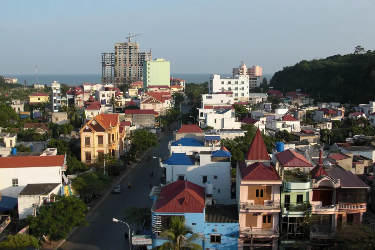Do Son town from above, red-roofed houses and a wooded hill by the sea, 2008