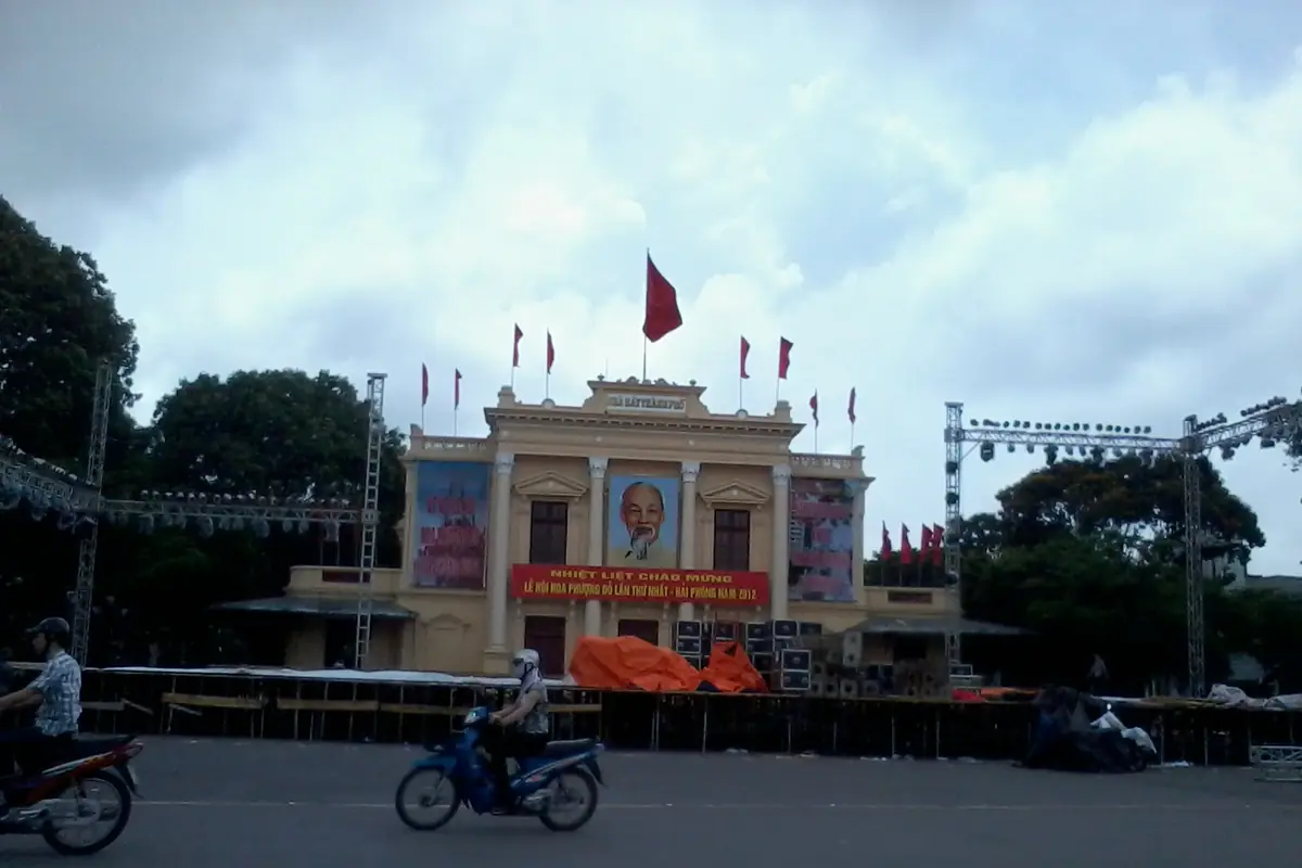 Hai Phong Opera House square being set up for the Red Flamboyant Festival in June